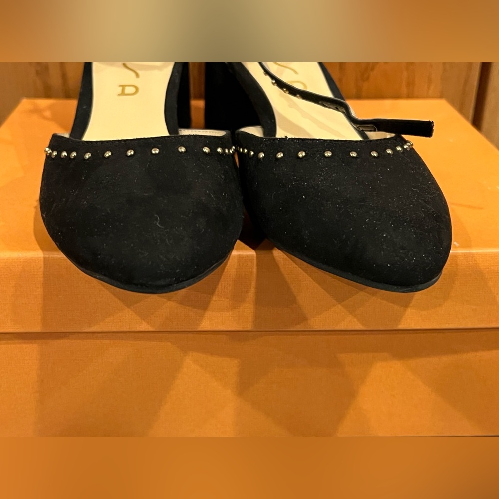 UNISA Claudi Block Heel Black faux suede studded Pumps ankle buckle like new - Picture 6 of 6